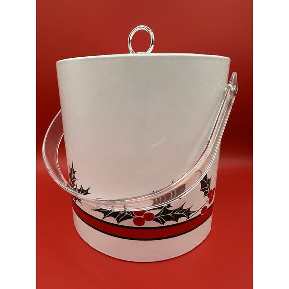 Vintage Christmas Holly Ice Bucket With Acrylic Lucite Handle Retro - Picture 1 of 6